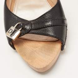 Pre Owned Dior Black Leather Lock Charm Wooden Clogs Size 40.5