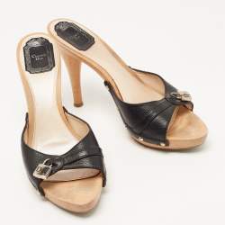 Pre Owned Dior Black Leather Lock Charm Wooden Clogs Size 40.5