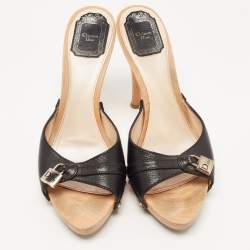 Pre Owned Dior Black Leather Lock Charm Wooden Clogs Size 40.5