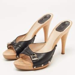 Pre Owned Dior Black Leather Lock Charm Wooden Clogs Size 40.5