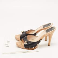 Pre Owned Dior Black Leather Lock Charm Wooden Clogs Size 40.5
