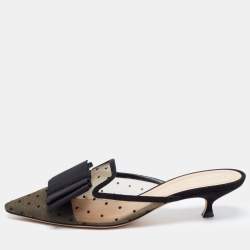 Dior Black Polka Dot Mesh and Canvas Bow Pointed Toe Mules Size 39