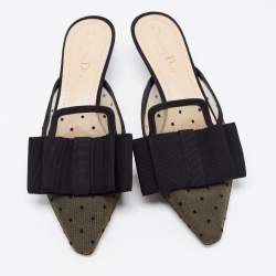 Dior Black Polka Dot Mesh and Canvas Bow Pointed Toe Mules Size 39