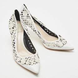 Pre Owned Dior White Laser Cut Leather Floral Applique Pumps Size 39.5