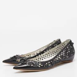 Dior Black Laser Cut Leather Floral Applique Ballet Flats Size 37