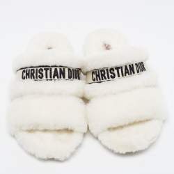 Dior White Shearling Chez Moi Flat Slide Sandals 38