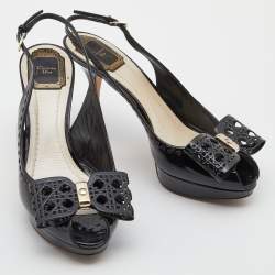 Dior Black Patent Leather Cannage Bow Slingback Sandals Size 38.5