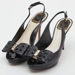 Dior Black Patent Leather Cannage Bow Slingback Sandals Size 38.5