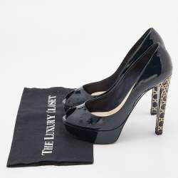 Pre Owned Dior Blue Patent Leather Peep Toe Cannage Heel Platform Pumps Size 37.5