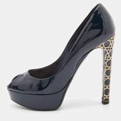 Pre Owned Dior Blue Patent Leather Peep Toe Cannage Heel Platform Pumps Size 37.5