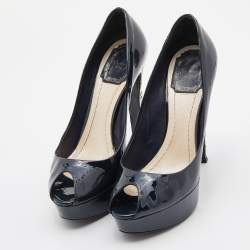 Pre Owned Dior Blue Patent Leather Peep Toe Cannage Heel Platform Pumps Size 37.5