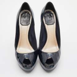 Pre Owned Dior Blue Patent Leather Peep Toe Cannage Heel Platform Pumps Size 37.5