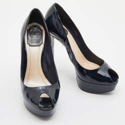 Pre Owned Dior Blue Patent Leather Peep Toe Cannage Heel Platform Pumps Size 37.5