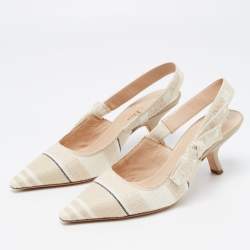 Pre Owned Dior Beige/White Canvas Striped Embroidered J'Adior Slingback Pumps Size 38