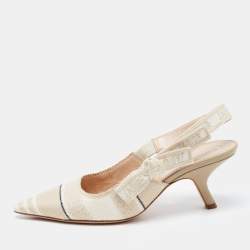 Pre Owned Dior Beige/White Canvas Striped Embroidered J'Adior Slingback Pumps Size 38