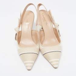 Pre Owned Dior Beige/White Canvas Striped Embroidered J'Adior Slingback Pumps Size 38