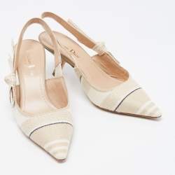 Pre Owned Dior Beige/White Canvas Striped Embroidered J'Adior Slingback Pumps Size 38