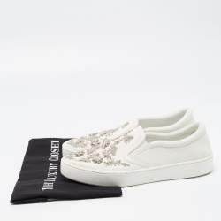 Dior White Leather and Canvas Crystal Embellished Slip On Sneakers Size 39
