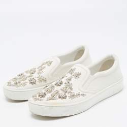 Dior White Leather and Canvas Crystal Embellished Slip On Sneakers Size 39