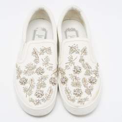 Dior White Leather and Canvas Crystal Embellished Slip On Sneakers Size 39
