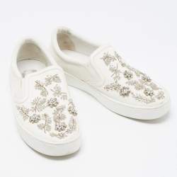 Dior White Leather and Canvas Crystal Embellished Slip On Sneakers Size 39