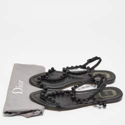 Pre Owned Dior Black Satin Pearl Embellished T Strap Flat Sandals Size 40