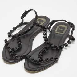 Pre Owned Dior Black Satin Pearl Embellished T Strap Flat Sandals Size 40