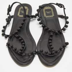 Pre Owned Dior Black Satin Pearl Embellished T Strap Flat Sandals Size 40