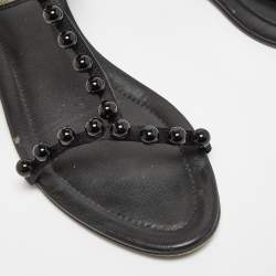 Pre Owned Dior Black Satin Pearl Embellished T Strap Flat Sandals Size 40