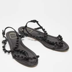 Pre Owned Dior Black Satin Pearl Embellished T Strap Flat Sandals Size 40