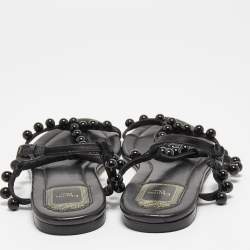 Pre Owned Dior Black Satin Pearl Embellished T Strap Flat Sandals Size 40