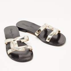Pre Owned Dior Silver Patent Leather Snake Strap Slide Flats Size 40