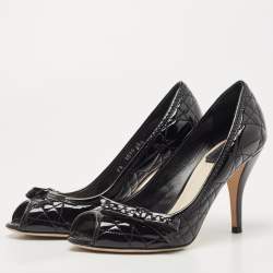 Pre Owned Dior Black Cannage Patent Leather Miss Dior Bow Peep Toe Pumps Size 35.5