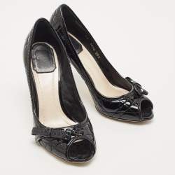 Pre Owned Dior Black Cannage Patent Leather Miss Dior Bow Peep Toe Pumps Size 35.5