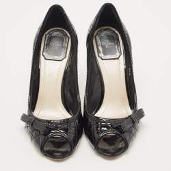 Pre Owned Dior Black Cannage Patent Leather Miss Dior Bow Peep Toe Pumps Size 35.5