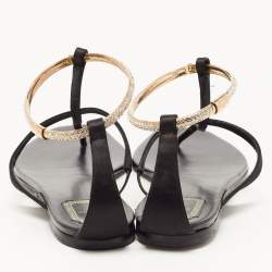 Pre Owned Dior Black Satin Embellished T Strap Flat Sandals Size 39