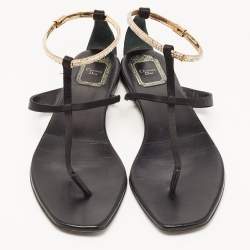Pre Owned Dior Black Satin Embellished T Strap Flat Sandals Size 39