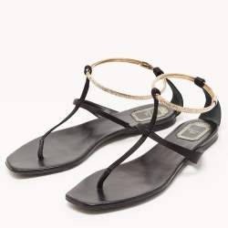 Pre Owned Dior Black Satin Embellished T Strap Flat Sandals Size 39