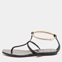 Pre Owned Dior Black Satin Embellished T Strap Flat Sandals Size 39