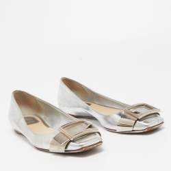 Dior Silver Leather Bow Ballet Flats Size 38