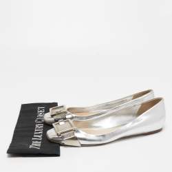 Dior Silver Leather Bow Ballet Flats Size 38
