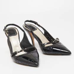 Dior Black Cannage Patent and Leather Bow CD Logo Slingback Pumps Size 38