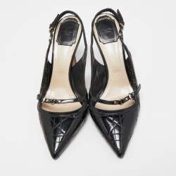 Dior Black Cannage Patent and Leather Bow CD Logo Slingback Pumps Size 38