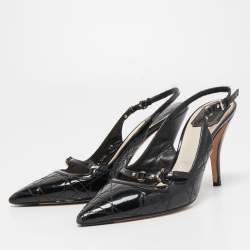 Dior Black Cannage Patent and Leather Bow CD Logo Slingback Pumps Size 38