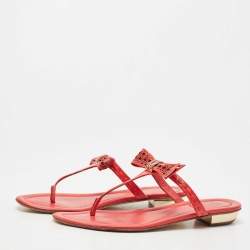 Dior Coral Red Leather Cannage Bow Thong Flats Size 39