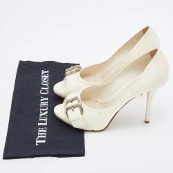 Pre Owned Dior Cream Leather Buckle Peep Toe Platform Pumps Size 39.5