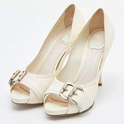Pre Owned Dior Cream Leather Buckle Peep Toe Platform Pumps Size 39.5