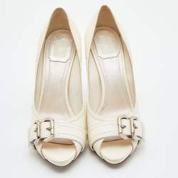 Pre Owned Dior Cream Leather Buckle Peep Toe Platform Pumps Size 39.5