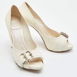 Pre Owned Dior Cream Leather Buckle Peep Toe Platform Pumps Size 39.5