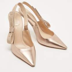 Pre Owned Dior Gold Leather and Canvas J'adior Bow Slingback Pumps Size 37